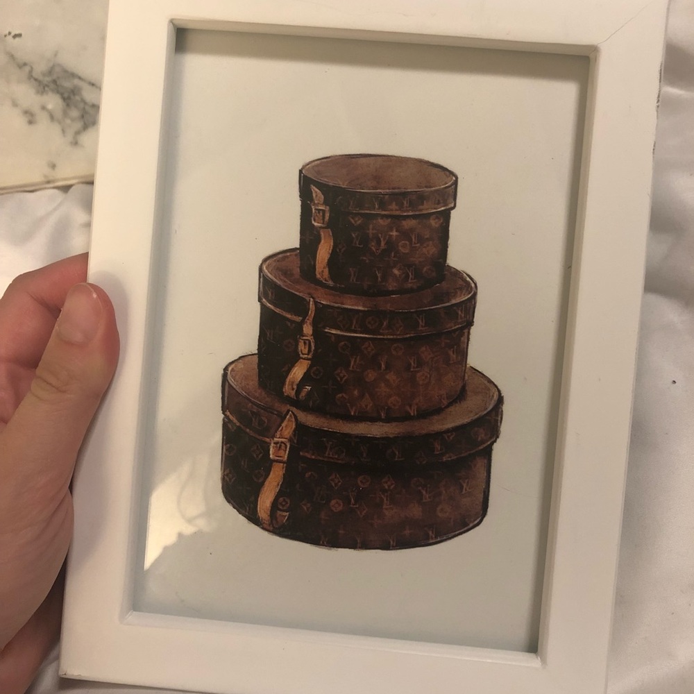 Framed watercolor print of Louis Vuitton luggage